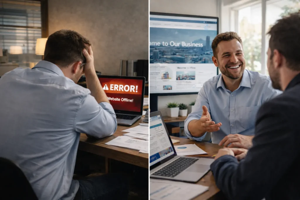 A business owner transforming from stressed by website errors to successful after using a professional WordPress maintenance service.