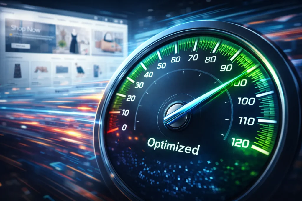 A speedometer showing maximum performance, symbolizing a fast-loading website thanks to a WordPress maintenance service.