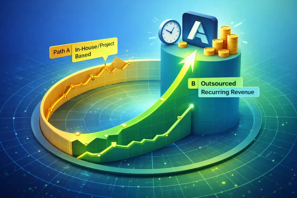 Comparison chart showing how Agency Outsourcing for WordPress leads to higher recurring profits.