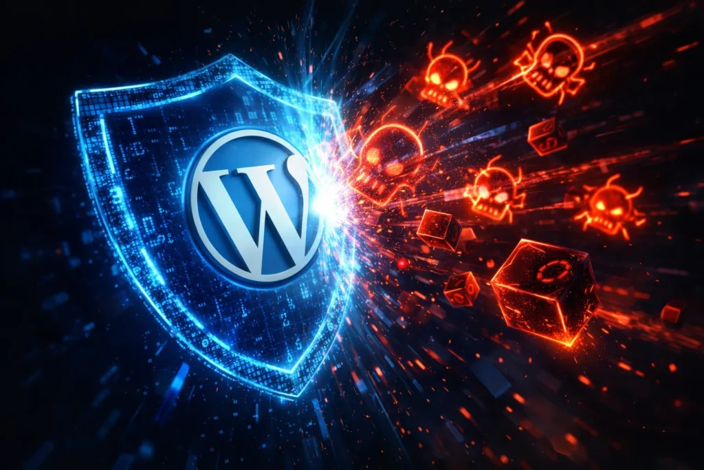 A digital shield representing proactive WordPress security services protecting a website from malware and cyber attacks.